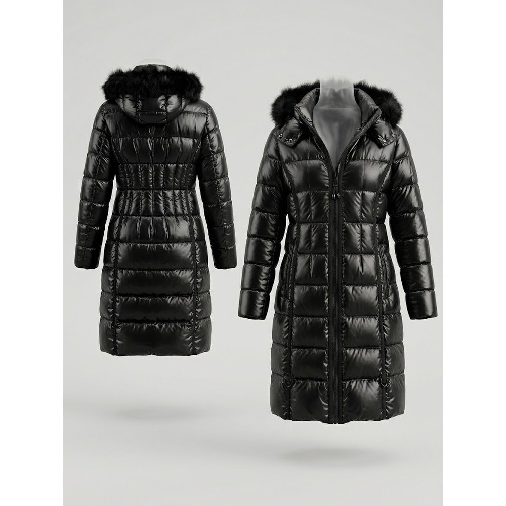 BCBGMAXAZRIA Womens Black Long Puffer Feathers Down Coat Faux Fur Hood Sz Medium